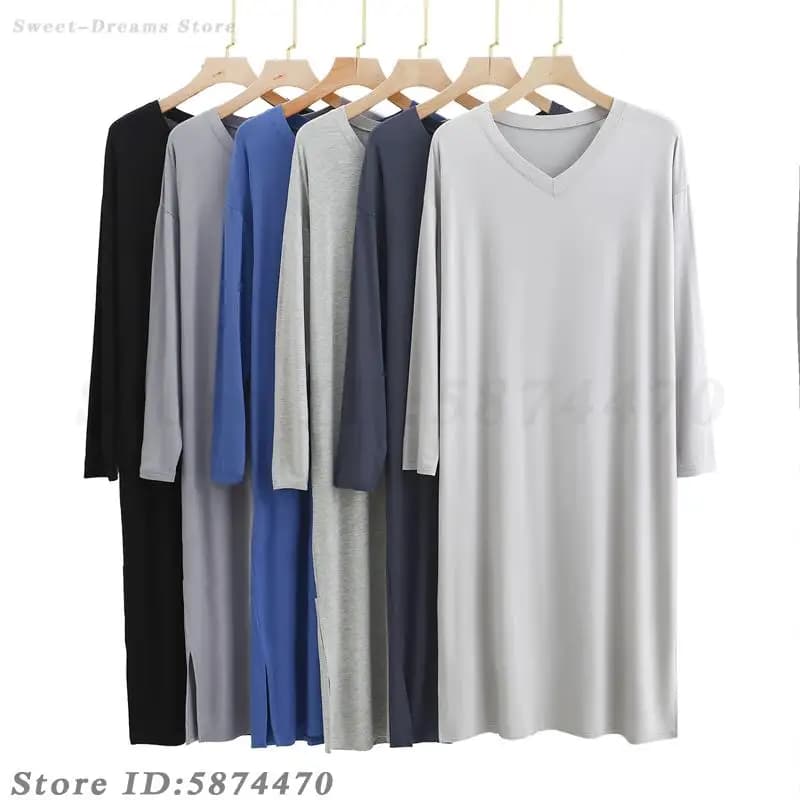Men's V-Neck Modal Nightgown Male Sleepwear Spring Autumn Long Sleeved Nightdress Plus Size 3XL Bathrobe Loose Casual Homewear