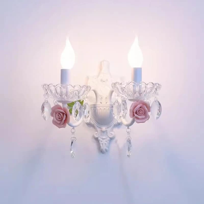French Crystal Wall Lamps Pink Ceramic Rose Crystal Lamp Romantic Children's Room Princess Room Girl Bedroom Bedside Wall Lights