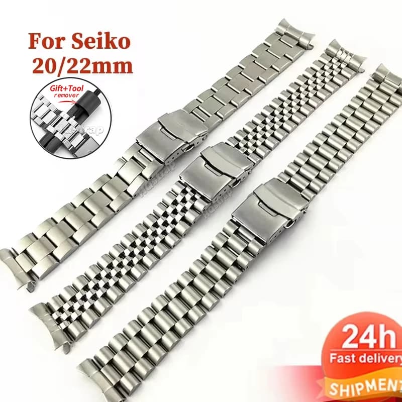 20mm 22mm Solid Stainless Steel Band Curved End Replacement Strap for Seiko SKX007 SKX009 SKX011 with Tool Bracelets Accessories
