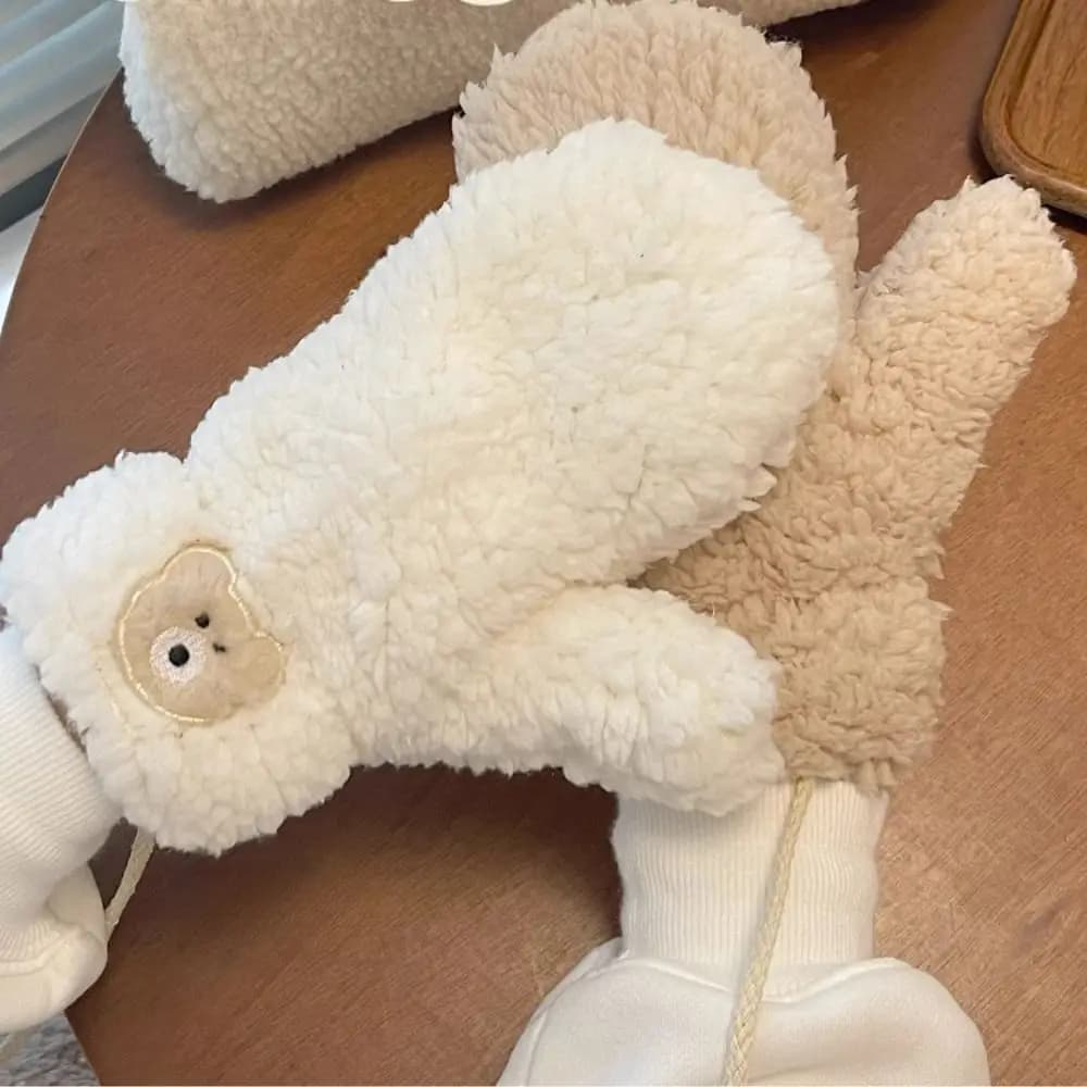 Cute Bear Plush Warm Gloves Soft Winter Thick Fingerless Mittens Outdoor Riding Mittens With Rope Korean Warmer Hand Guards 2023