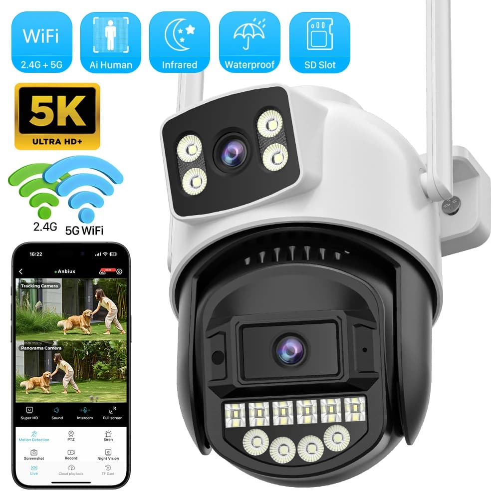 10MP 5K Wifi Surveillance Camera 8M Dual Lens AI Human Detect Auto-cruise P2P 5Ghz  Wifi Wireless Outdoor Security PTZ IP Camera