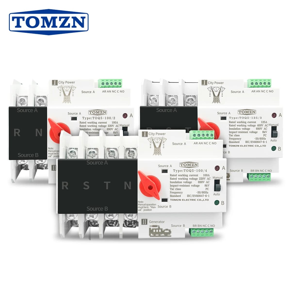 TOMZN Din Rail 2P 3P 4P ATS Dual Power Automatic Transfer Switch Electrical Selector Uninterrupted Power 63A 100A TOMZN Mini