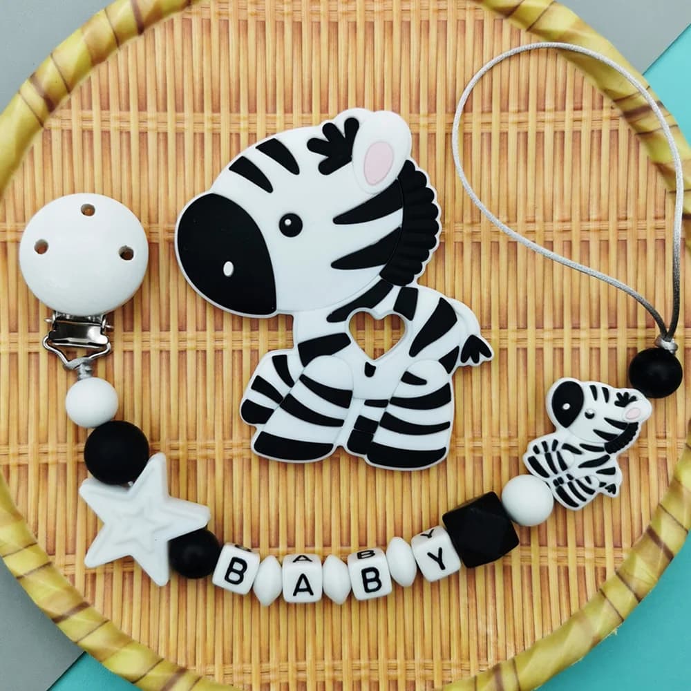Custom English Letter Name Baby Silicone Zebra Beads Pendant Pacifier Clips Chains Chew Teether Baby Pacifier Kawaii Toy Gifts