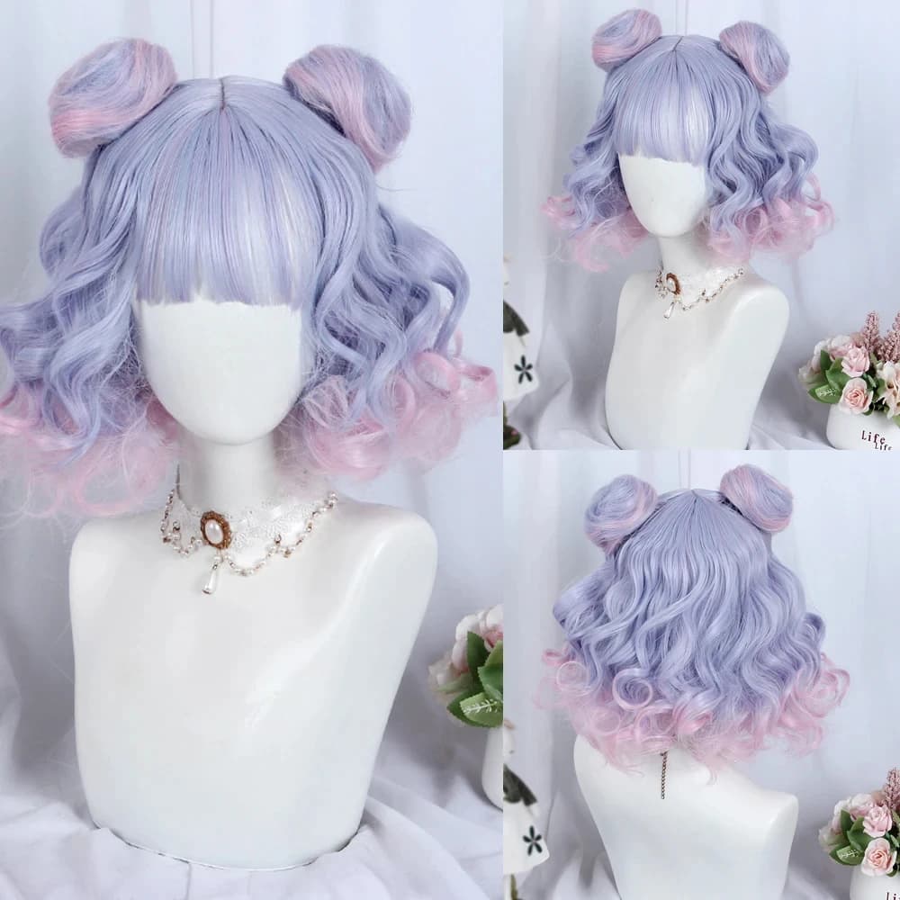 Ombre Blue Pink Short Wigs with Bangs Synthetic Women Lolita Wavy Curly Cosplay Hair Wig for Daily Party