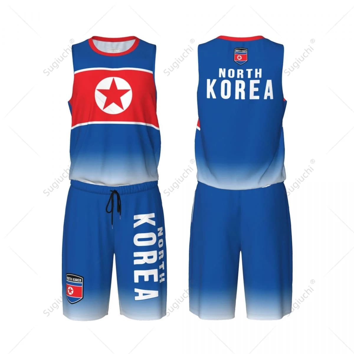 Men North Korea Flag Basketball Jersey Set Mesh Shirt & Pants Sleeveless Exclusive Team-up Custom Name Nunber Unisex