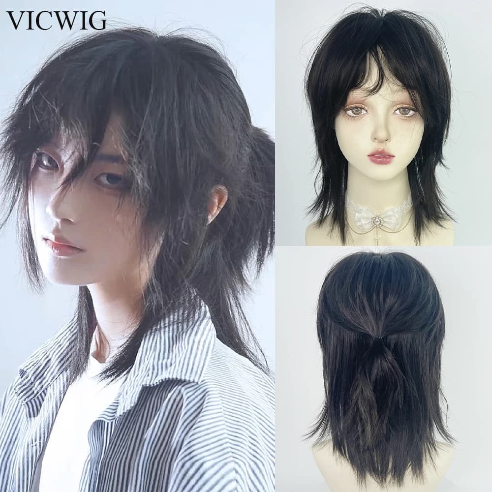 VICWIG Mullet Head Wig Short Synthetic Straight Black Fluffy Natural Wolf Tail Hair Men and Women Wig for Daily Party Cosplay