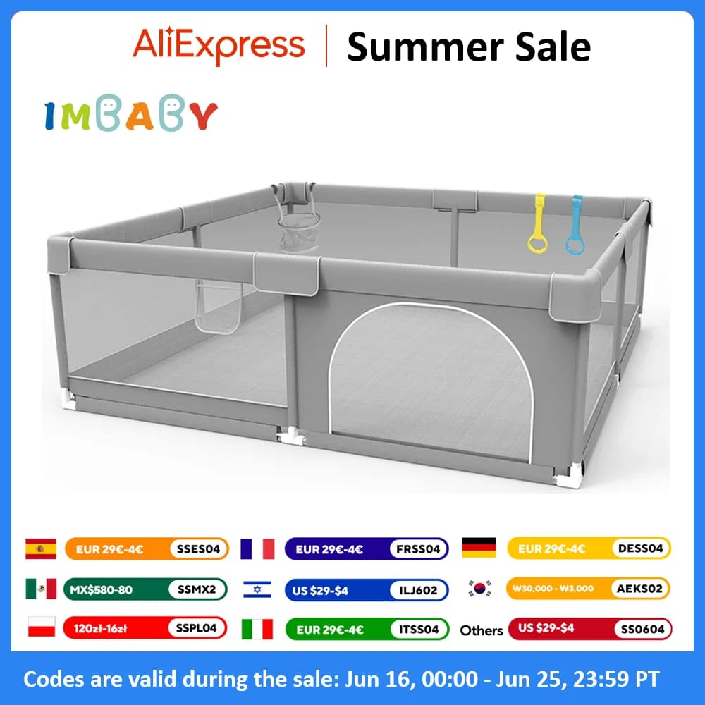 IMBABY Baby Playpens Light Gray Corralito for Baby Playground with Pull Ring Child Safety Barrier Fence Ball Box Game Playpen