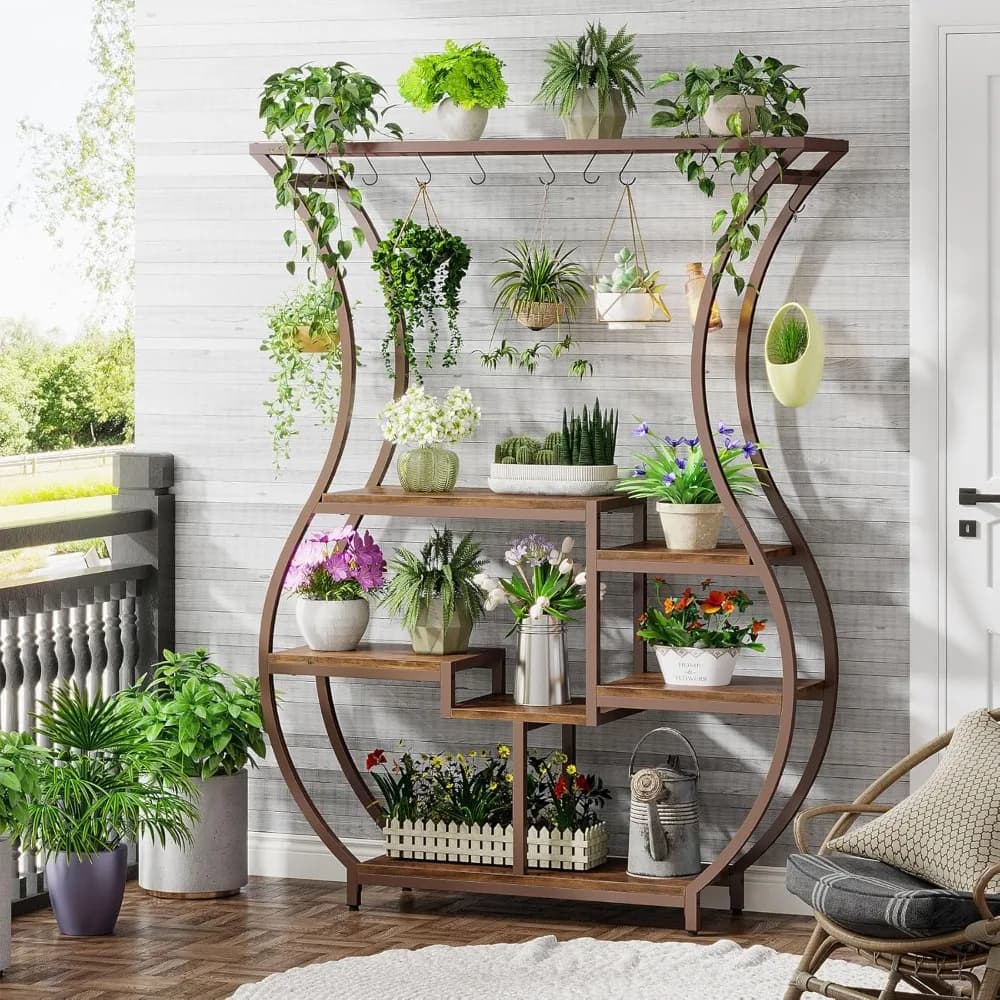 6-Tier Plant Stand, 70.9 Inch Tall Plant Shelf with 10 Hanging Hooks for Indoor, Balcony, Living Room, Brown