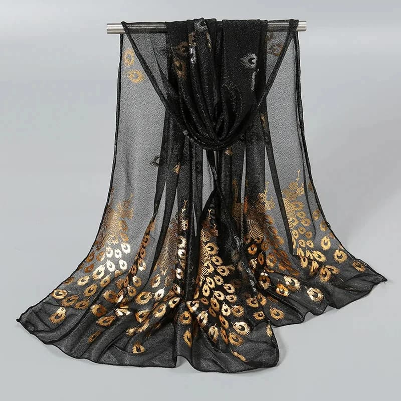 170cm*60cm Peacock Bronzing Scarf Elegant Thin Breathable ShawlWomen Sunscreen Windproof Head Wrap Travel Beach Towel
