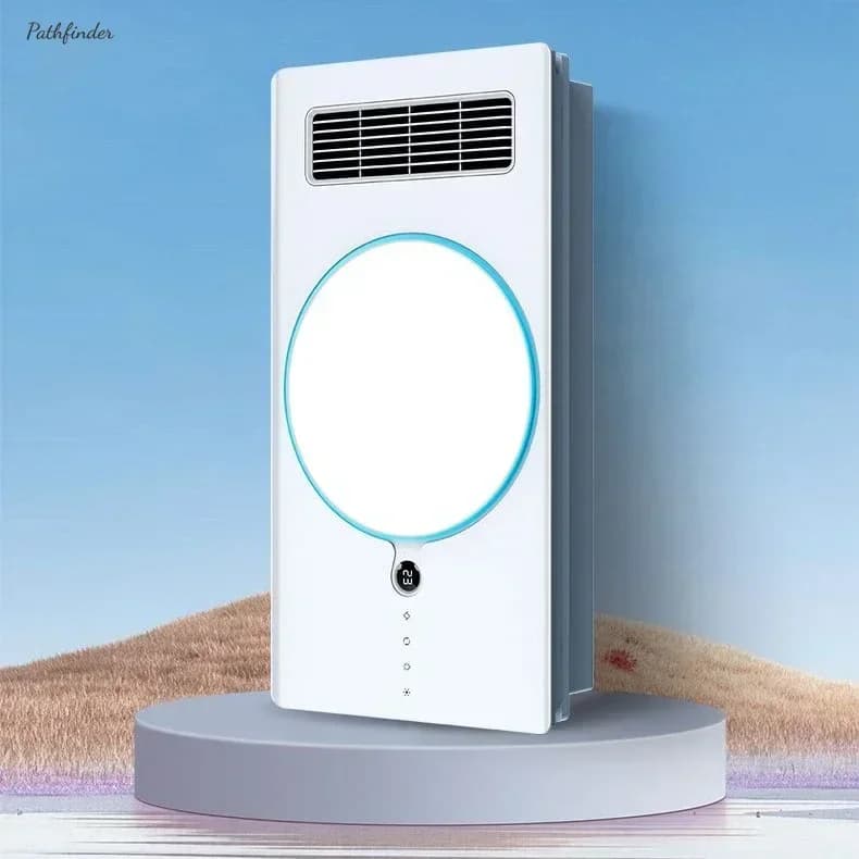 New Yuba integrated ceiling. Multifunctional for home bathrooms. Combines heating, exhaust fan, and LED lighting.