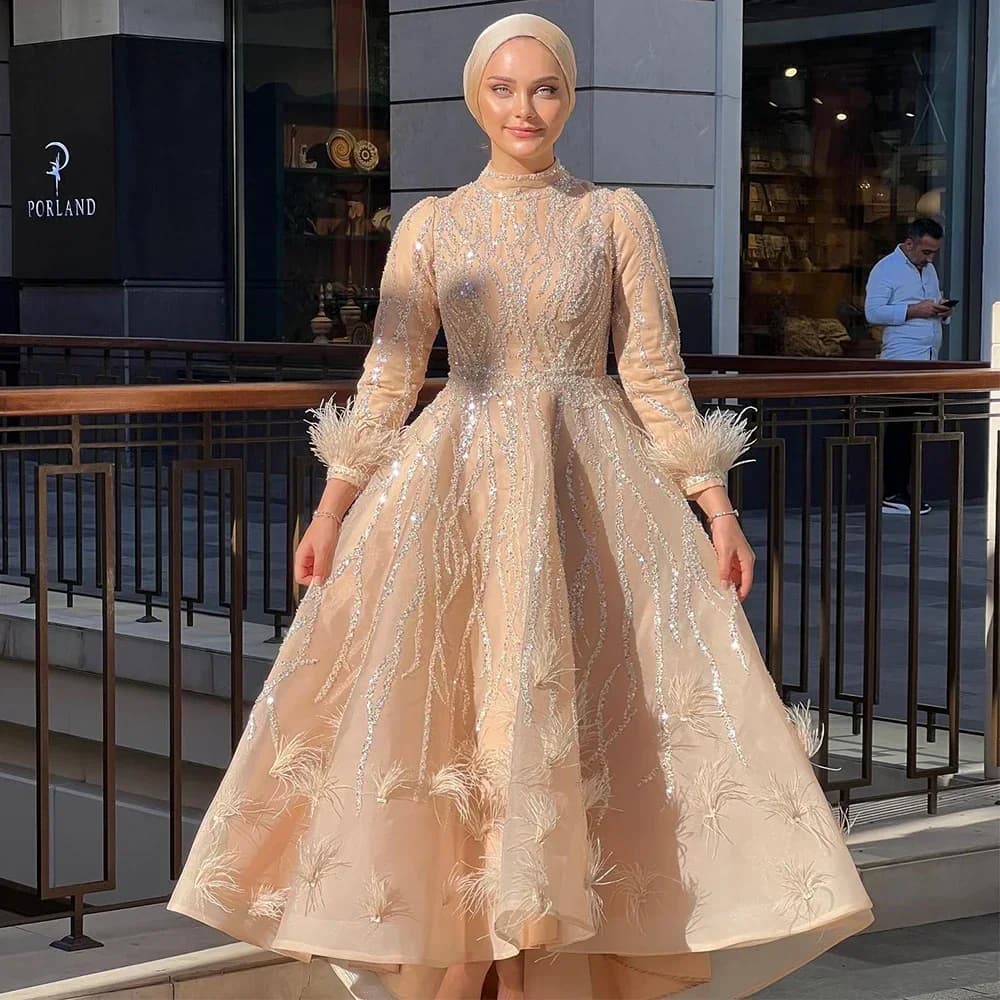 Customized Long Sleeve Feathers High Low Prom Gown Temperament Middle Eastern Dress Lace Evening Muslim Clothing Party Dresses