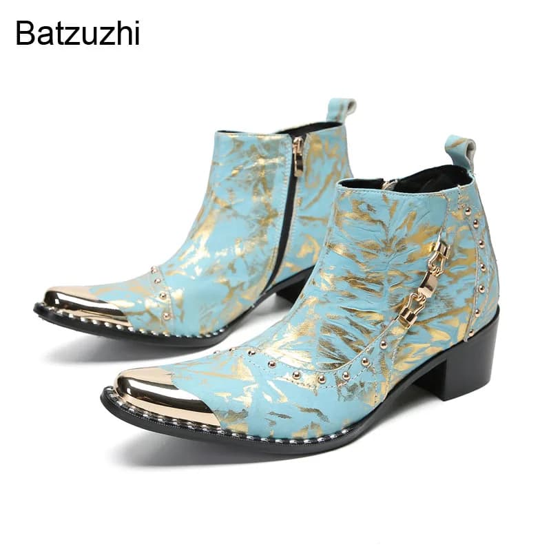 Batzuzhi 6.5cm Heels Men's Boots Zip Fashion Leather Short Ankle Boots for Men Knight Botas Party and Wedding Men Shoes Boot
