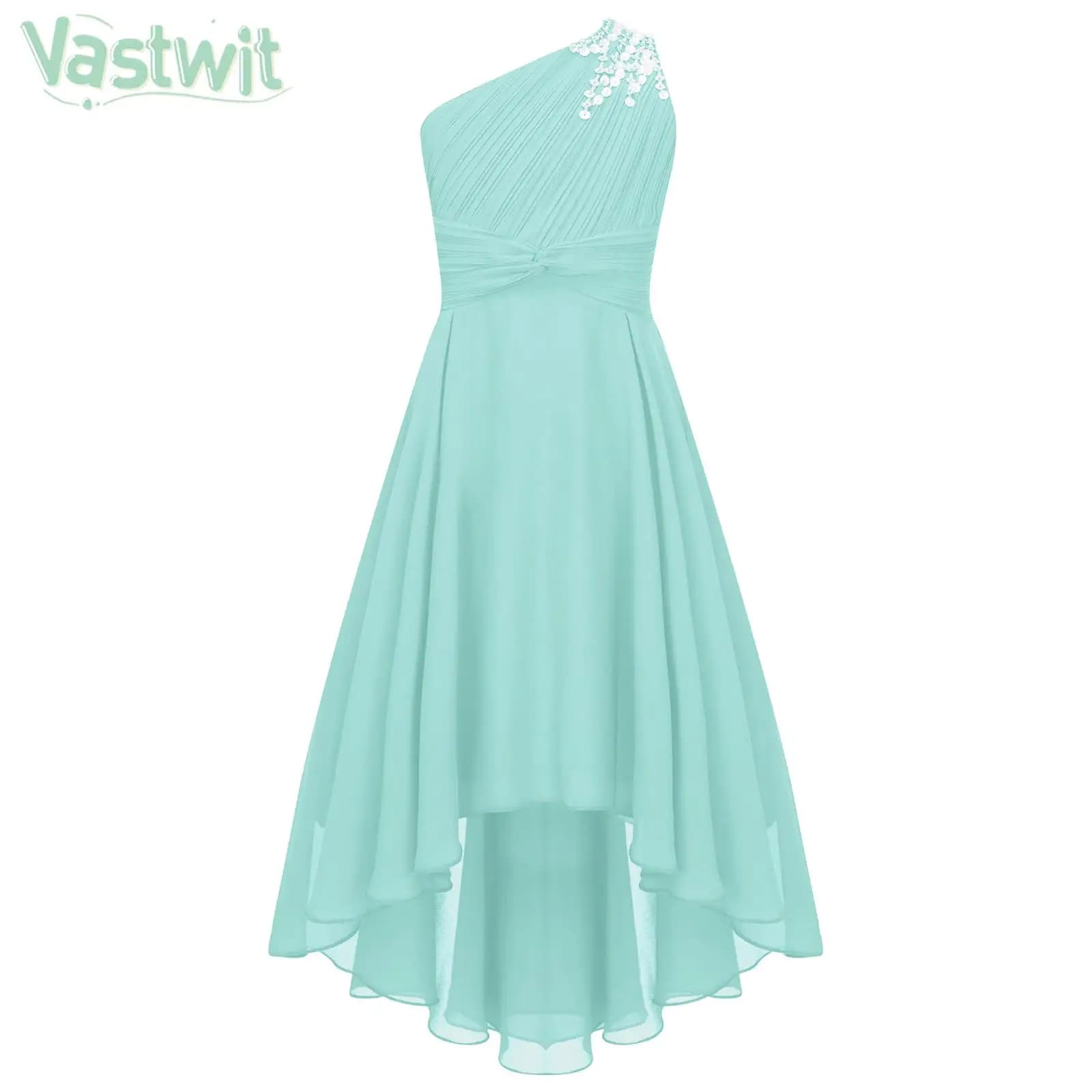 6-16Y Girls Christmas Wedding Birthday Party Dress Shiny Beaded Princess Evening Gown One Shoulder Hi-low Hem Ruched Dresses