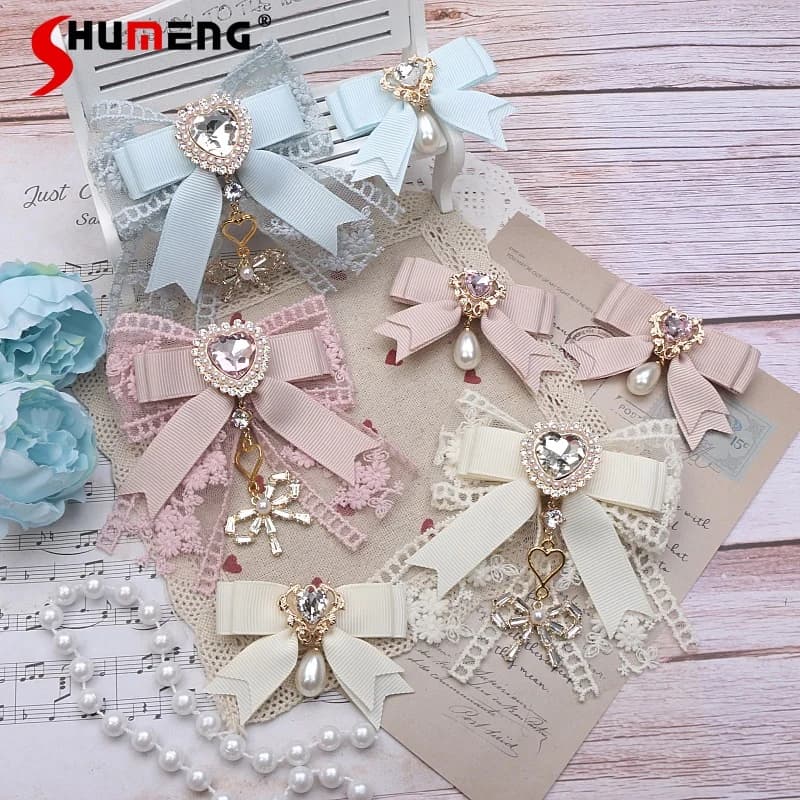 Handmade Japanese Lolita Hair Accessories Sweet Women's Mine Hairpin Lace Bow Rhinestone Hairpin Kawaii Side Clip for Women