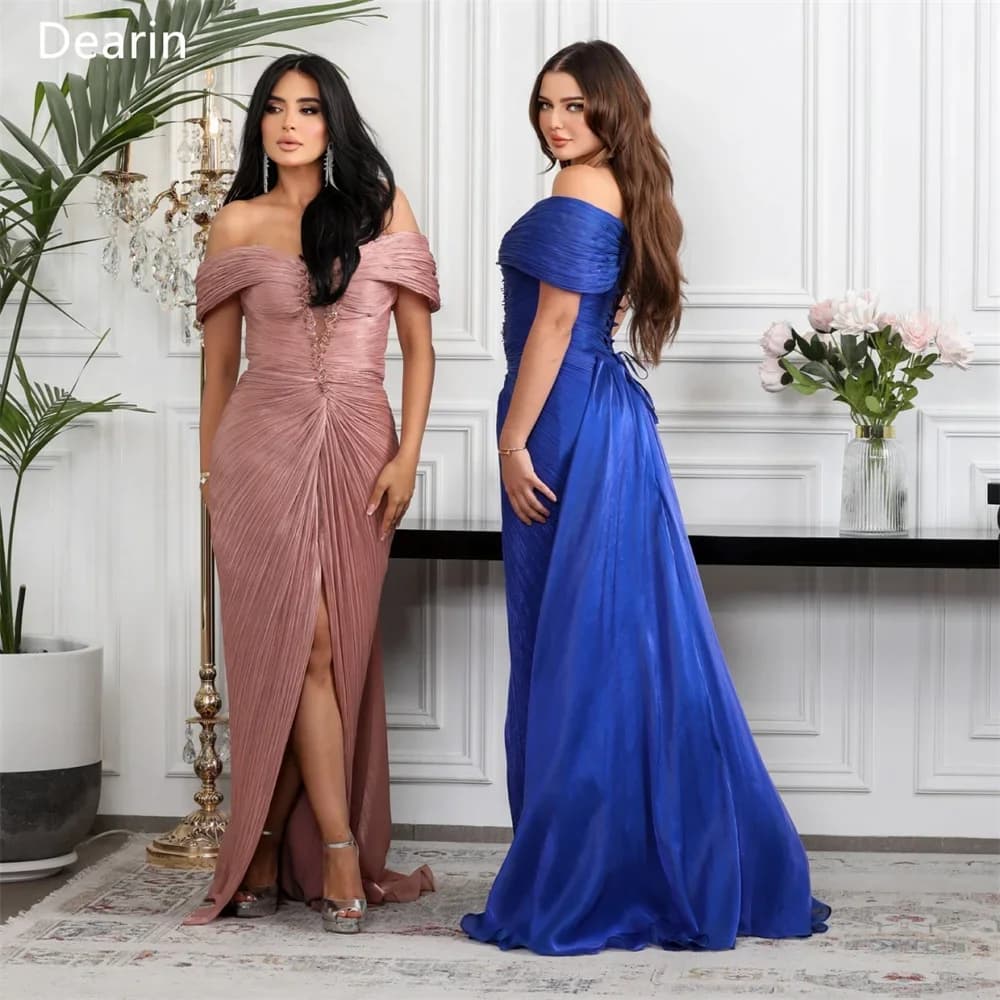 Customized Formal Dress Dearin Off-the-shoulder Sheath Floor Length Skirts Knot Ruffle Beading Bespoke Occasion Dresses Prom Sau