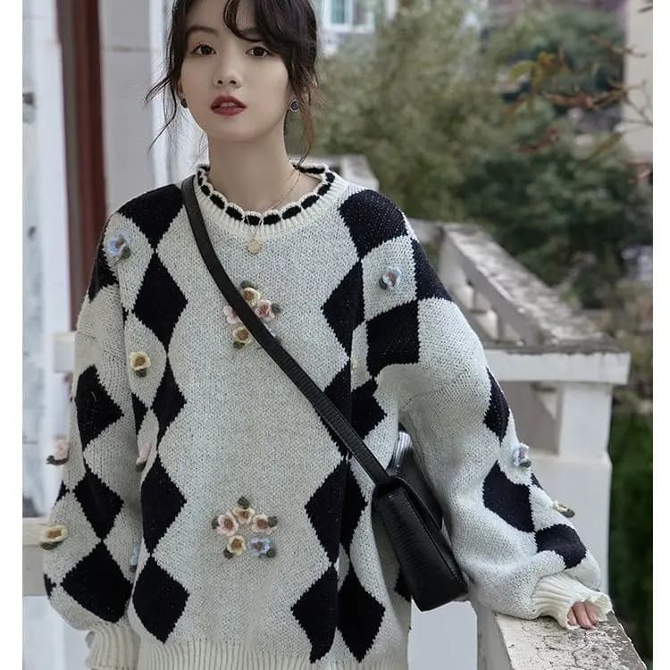Sweater Black And White Diamond Checkerboard Women'S Autumn And Winter Thick Outer Wear Design Niche Bf Lazy Loose Pullover Top