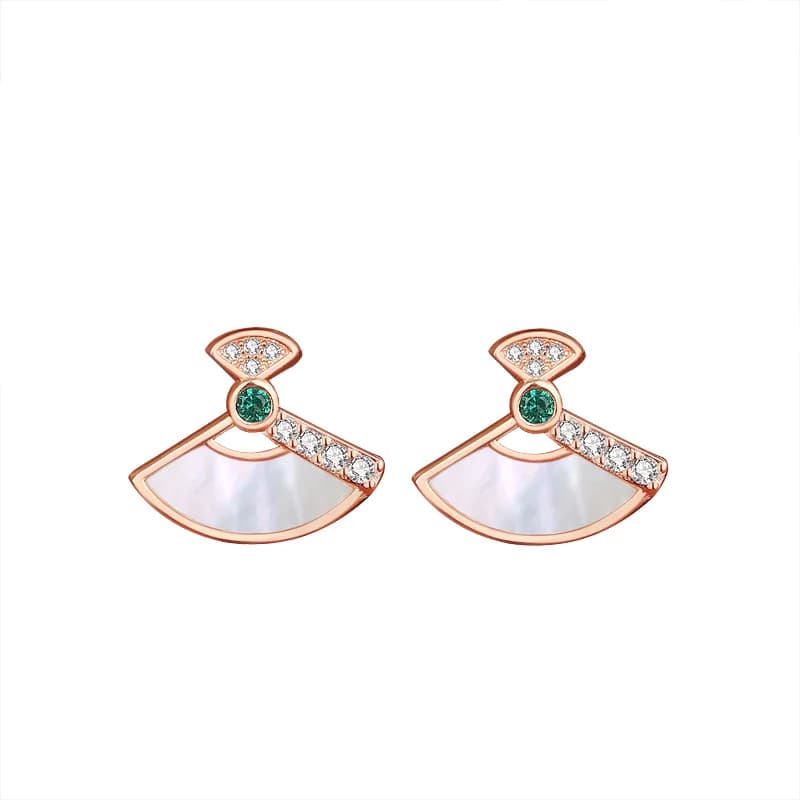 RYJ 925 Sterling Silver Fan Shaped Enamel Stud Earrings for Women Sparkling Emerald Earring Dainty Trendy Chinese Style Jewelry