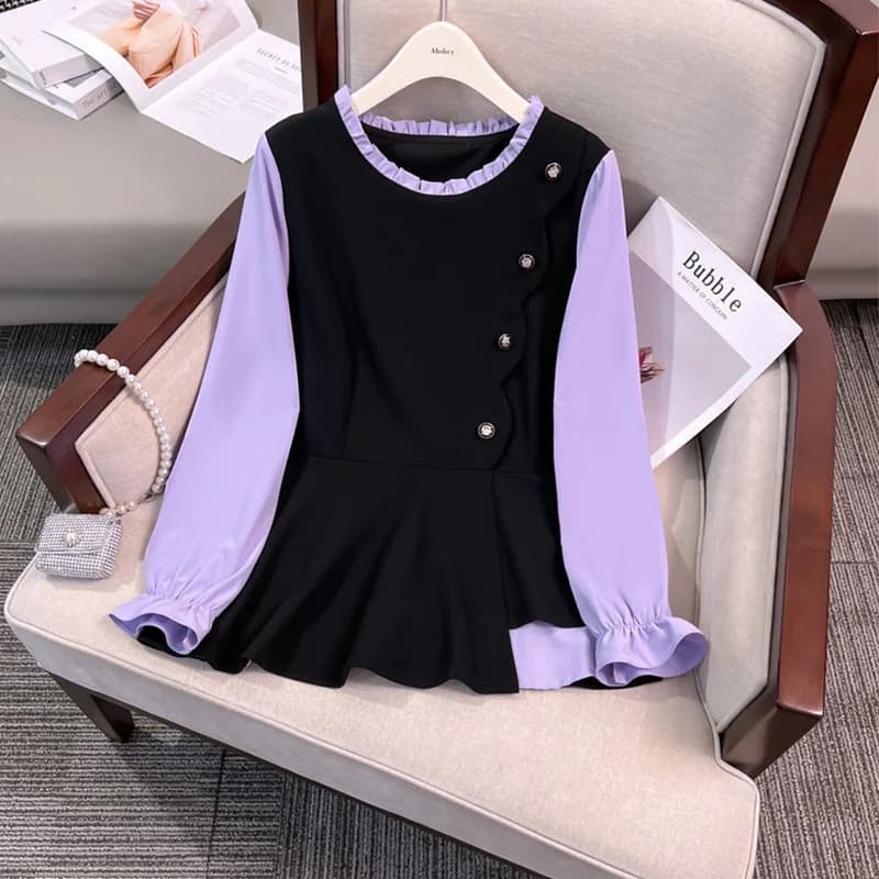 2024 New Summer Elegant Fashion Simplicity Loose Casual Office Lady Women's Shirt Splicing Bell Sleeve O Neck Long Sleeve Tops