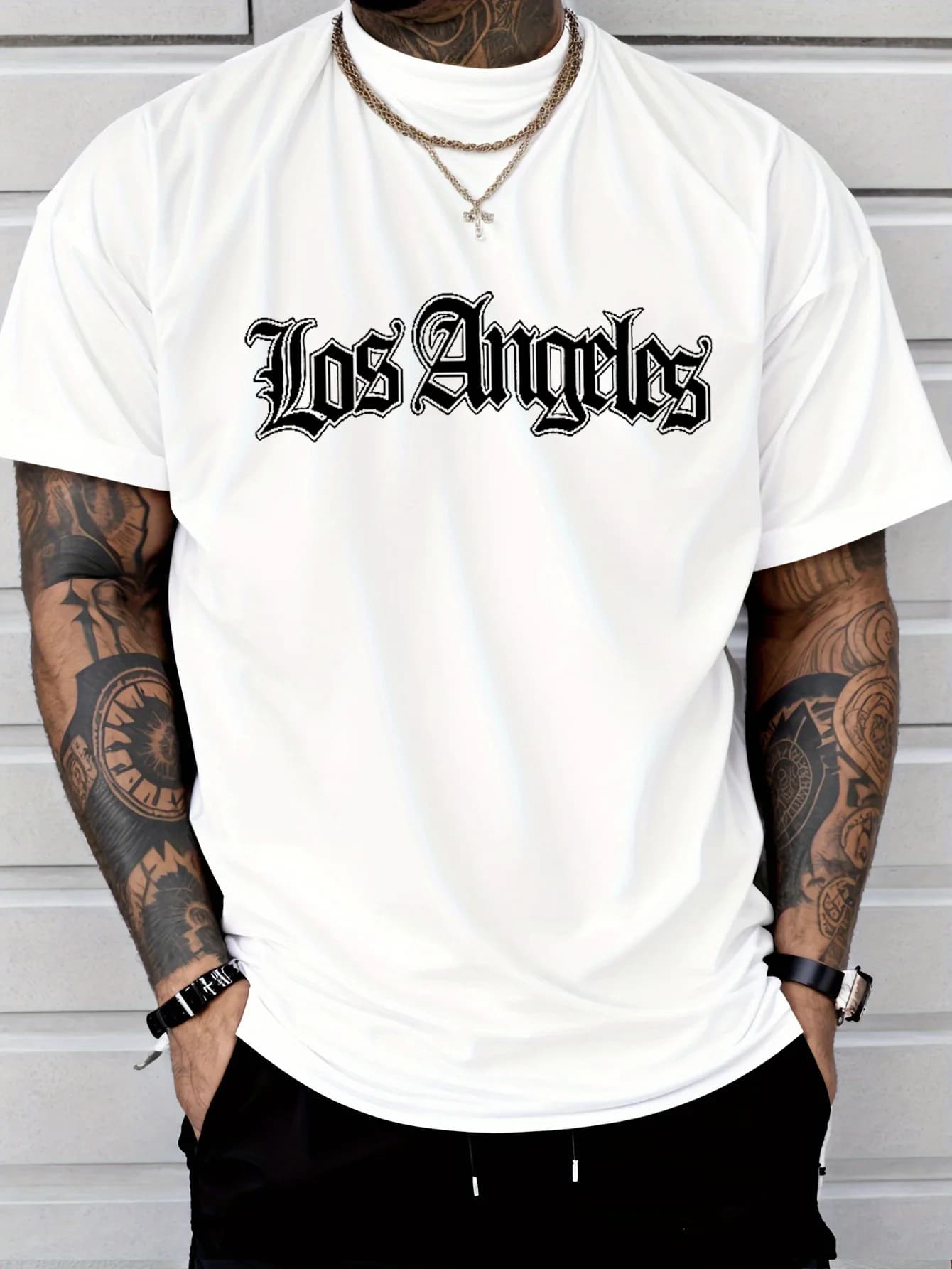 Men's summer 100 cotton fashionable casual loose plus size Los Angeles letter printed sports round neck short sleeved T-shirt