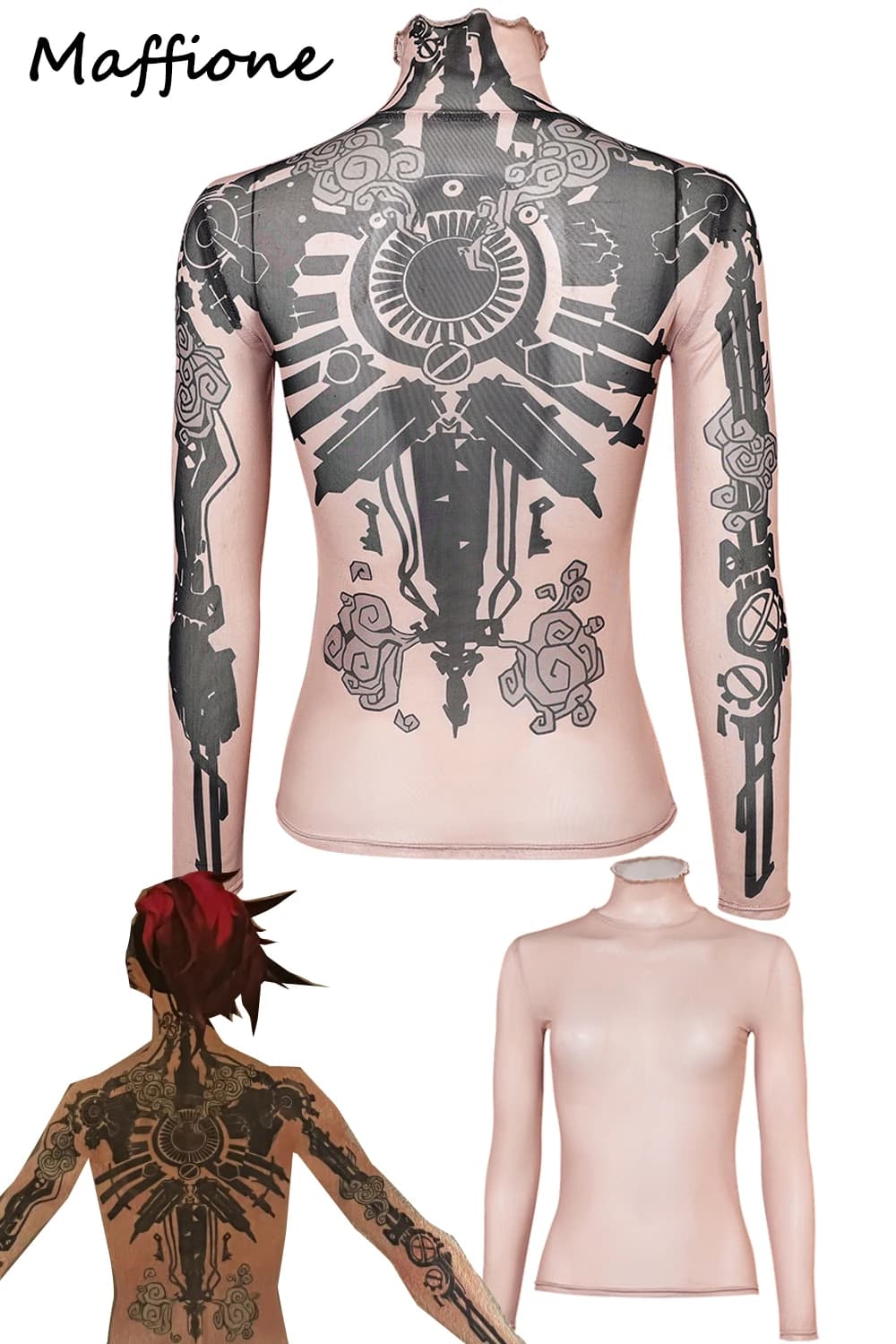 Arcane Vi Cosplay Tattoo Printed Top Costume Game LOL Arcane Disuise Long Sleeved Innerwear Women Disguise Halloween Party Suits