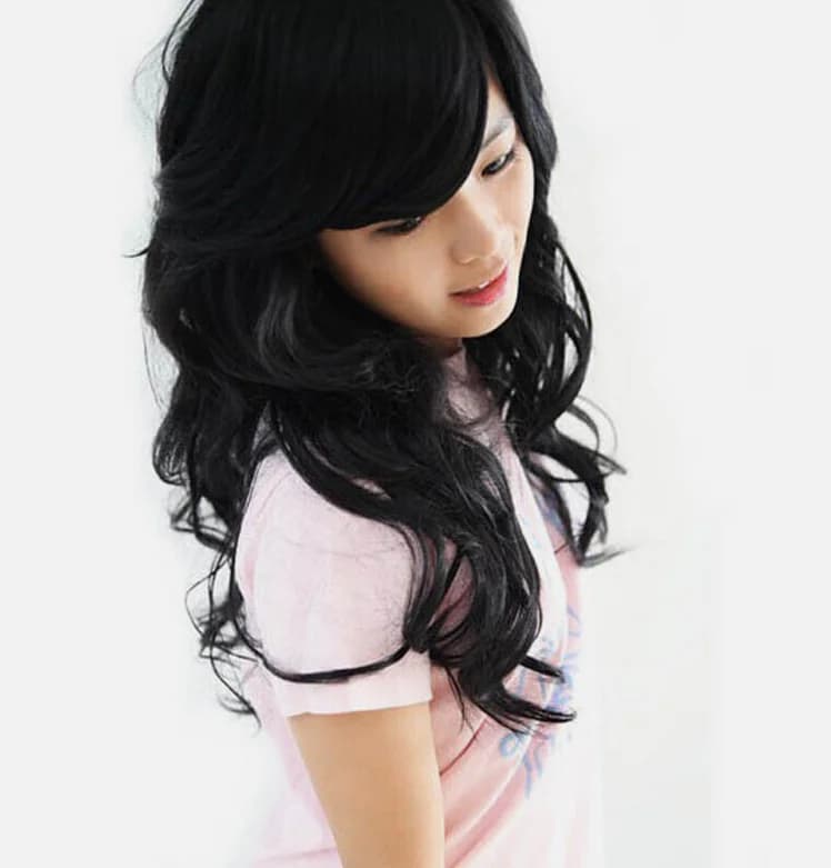 Black Long Wavy Wigs with Side Bangs for Women Halloween Costume Wigs Daily Use