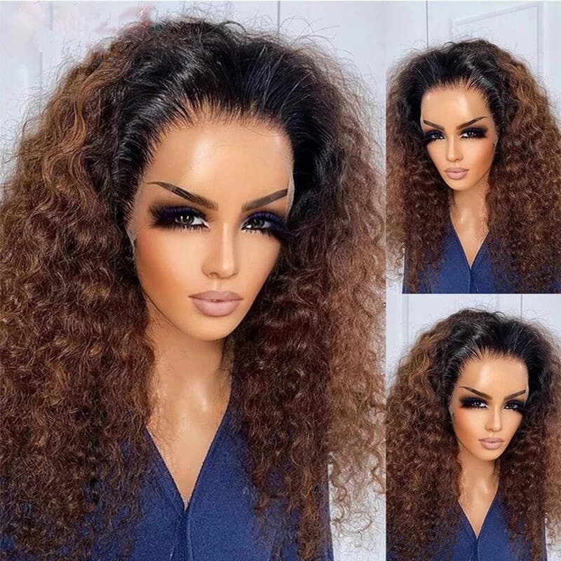 Preplucked Ombre Brown 26Inch Long 180Density Kinky Curly Lace Front Wig For Black Women Baby Hair Glueless Daily Wear Wig