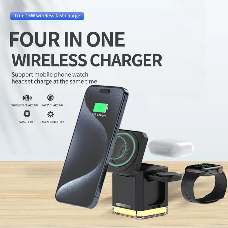 4 In 1 Magnetic Wireless Charger Stand Foldable For iPhone 15 14 13 12 Apple Watch 8 7 6 Airpods 2 3 Fast Charging Dock Station