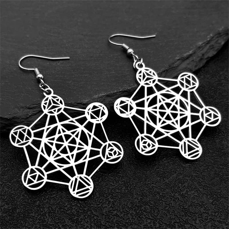Vintage Large Archangel Metatron Cube  Geometry Flower of Life Earring for Women Men Stainless Steel Silver Color Lucky Jewelry