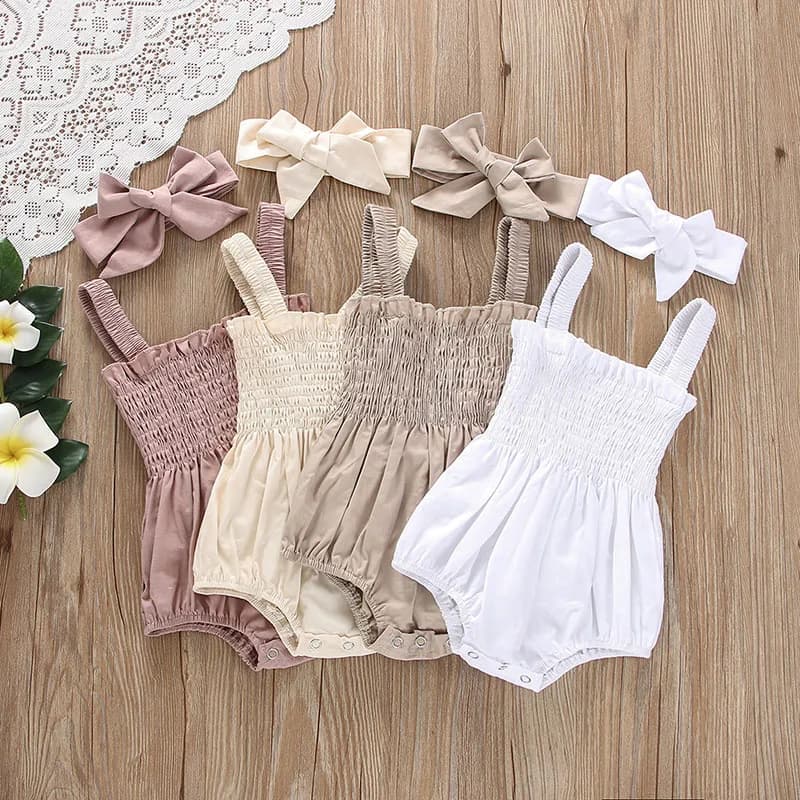 Baby's Clothes Summer Jumpsuit Outfit Solid Color Ruched Toddler Girl Casual Sleeveless Suspender Kids Rompers Headband Set