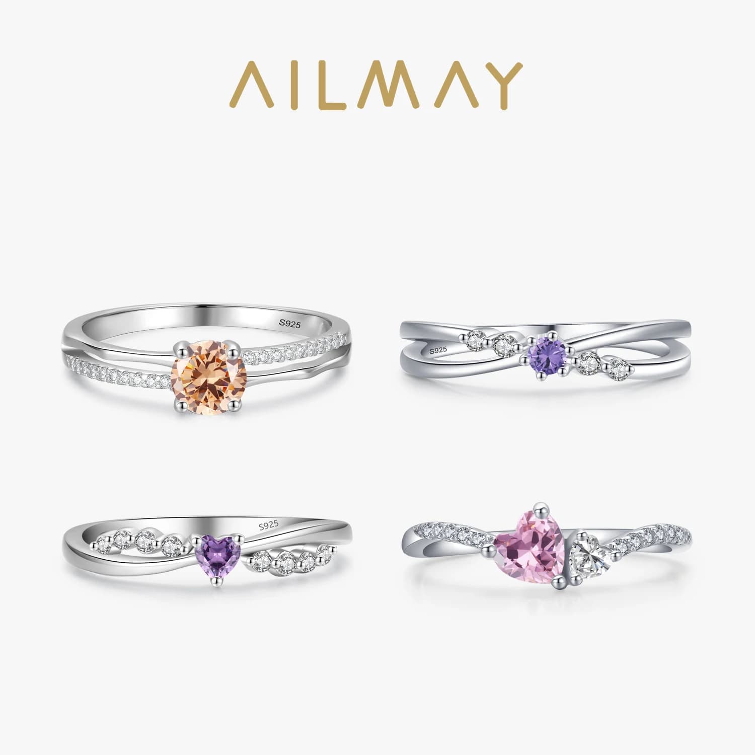 Ailmay Real 925 Sterling Silver Romantic Heart Rainbow CZ Finger Ring For Women Luxury Wedding Colorful Geometric Fine Jewelry