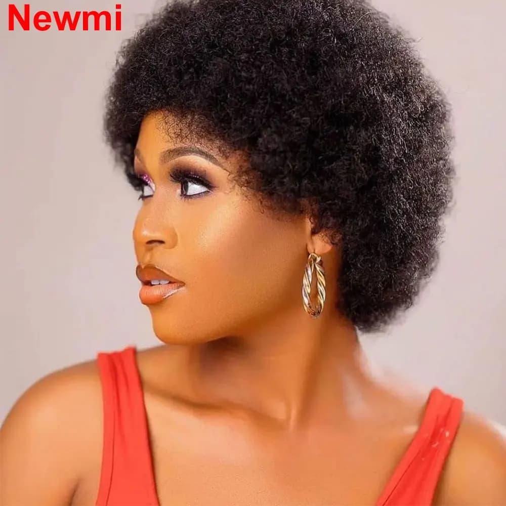 Short Afro Kinky Curly Human Hair  Wig for Women Fluffy Hair Short Pixie Curly Retro Style Cheap Human Hair Wig Full Machine Wig