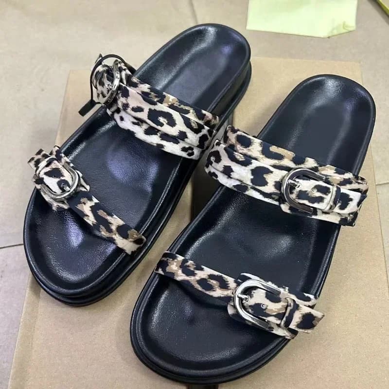 Outdoor Women Platform Slippers Chic Leopard Print Thick Sole Non-slip Female Beach Shoes Metal Double Buckle Casual Slides