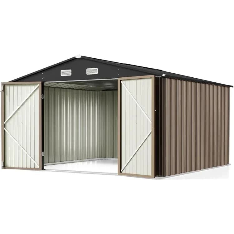Outdoor Storage Shed 10 x 10 ft. Utility Tool Shed Metal Storage Garden Shed with Door & Lock for Patio Storage, Brown