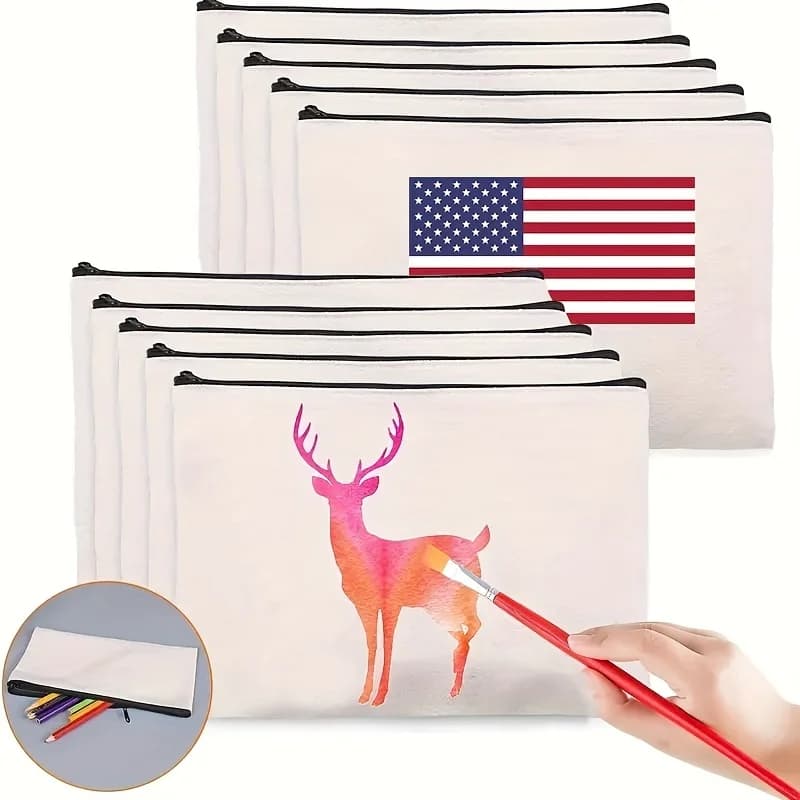 10 Pieces Blank Canvas Zipper Pencil Case Bulk Makeup Bags Stationery Boxes DIY Crafts Pencil Bag Office & Study Supplies