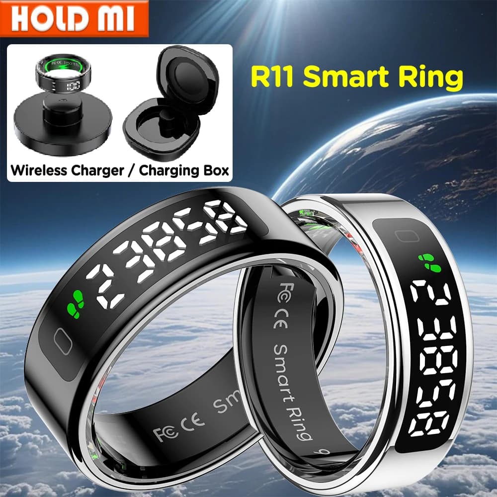 R11 Smart Ring Men Women with Display Screen Wireless or Charging Box, Health Sleep Monitor 5 ATM Waterproof for iphone Android