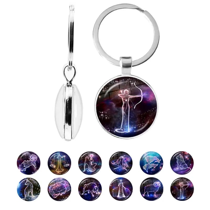 12 Constellations Double Side Keychain 25mm Glass Cabochon Zodiac Sign Pendant Key Rings Jewelry for Women Men Birthday Gift