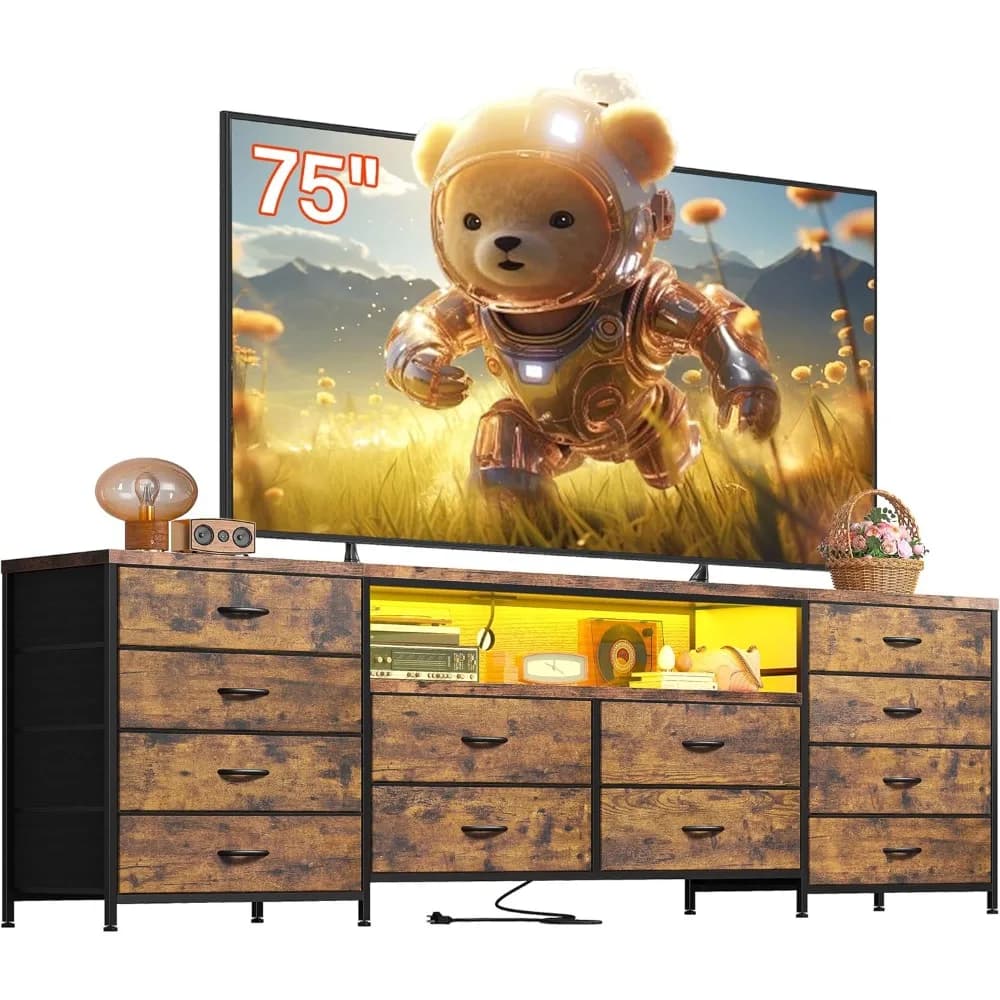 75 Inch TV 63" W Dresser TV Stand for Bedroom with LED Lights & Power Outlets & 12 Drawers Dresser