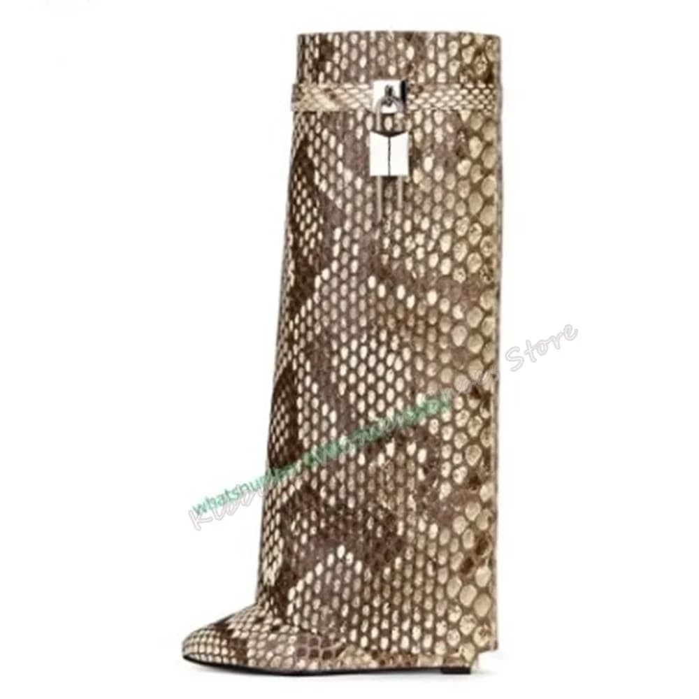 Sexy Snake Skin Padlock Long Boots Real Leather Wedges Heel Boots Fashion Runway Party Shoe for Women 2023 Autumn Winter Newest