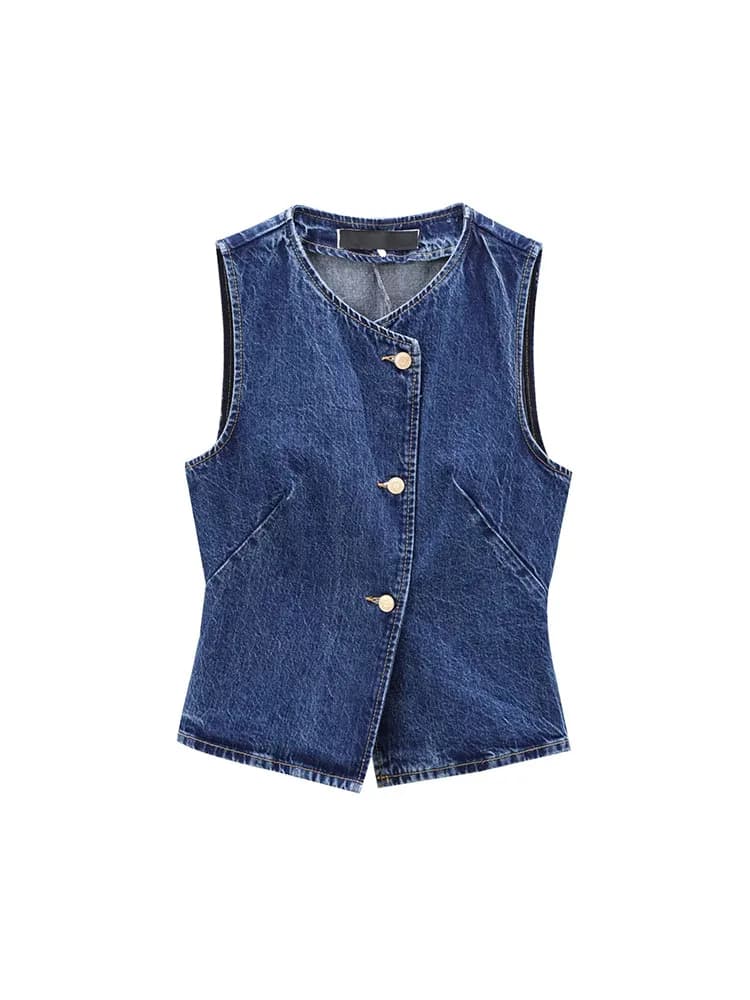 2024 Autumn and Winter New Arrivals Casual All-match Round Neck Sleeveless Blue Slim Waist Denim Vest