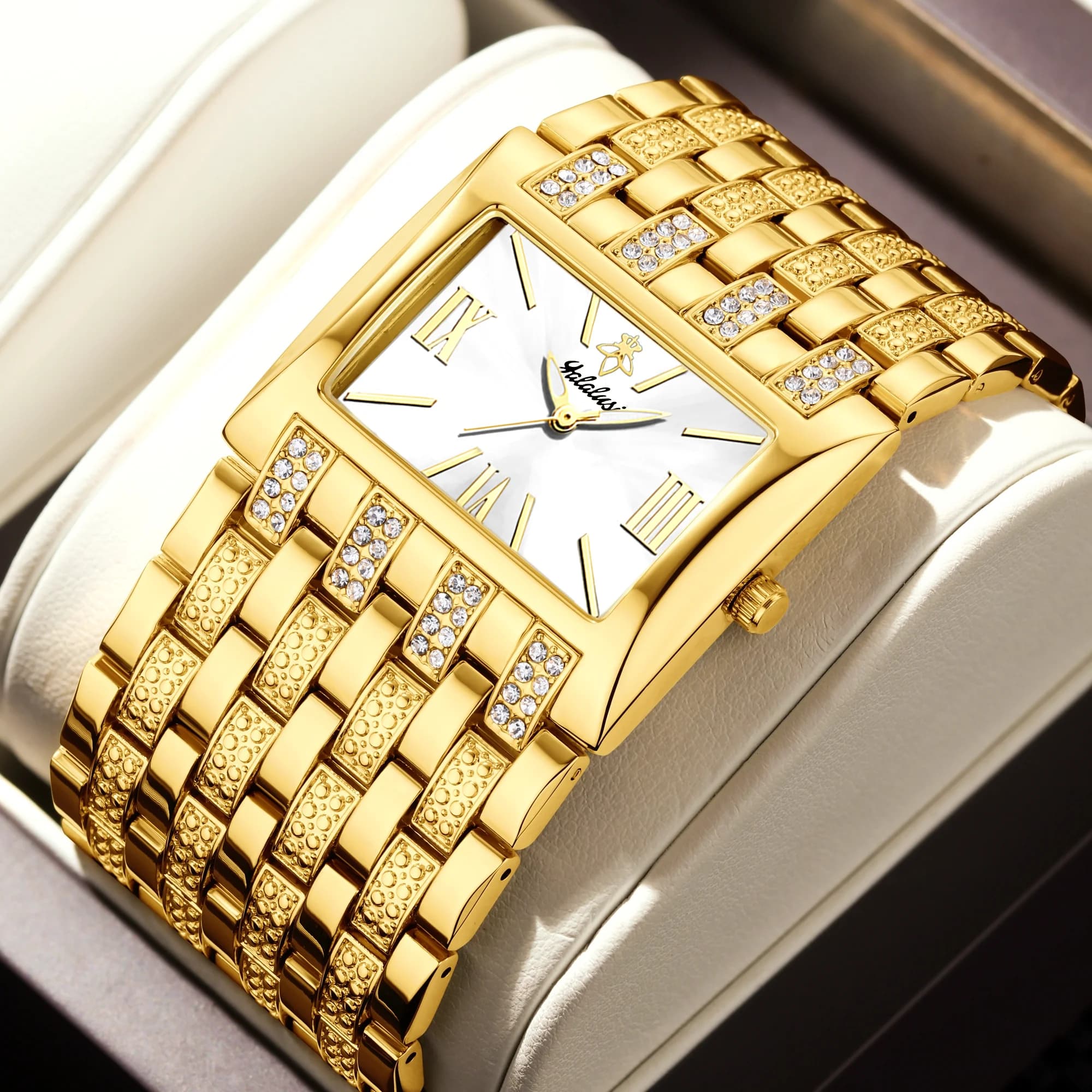 YaLaLuSi Brand Best Selling New Women's Watch Square Gold Case Silver Dial Crystal Diamonds Luxury Ion Plating Gift Set