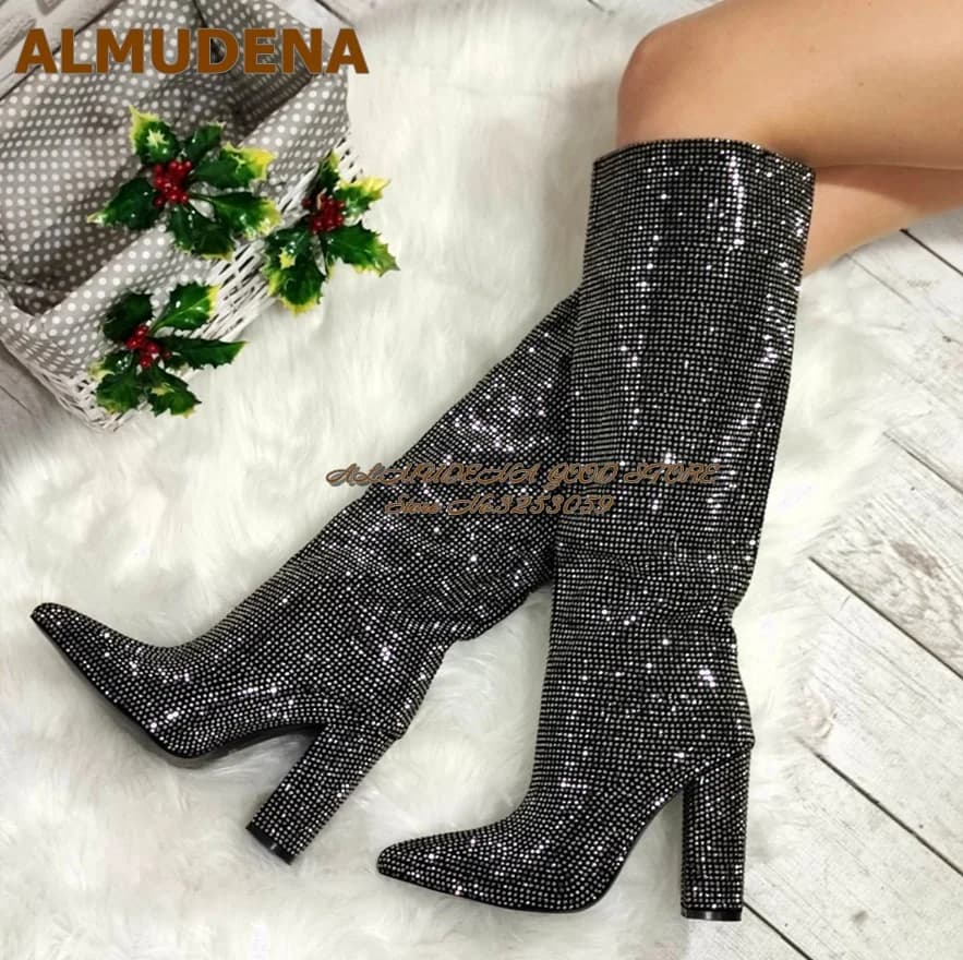 ALMUDENA Black Bling Bling Full Crystal Chunky Heel Knee High Boots Pointed Toe Glittering Rhinestone Pointed Toe Tall Boots