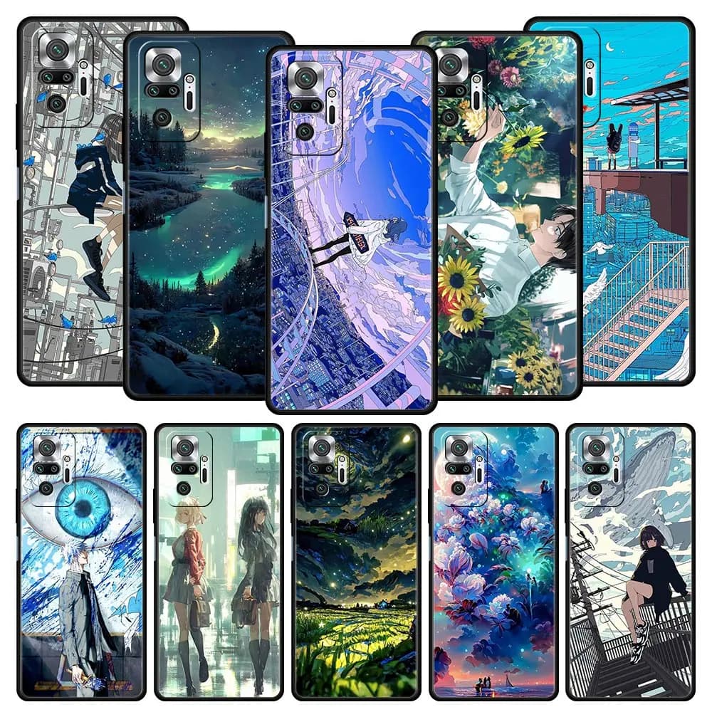 Phone Case For Xiaomi Redmi Note 12 10 11 9 8 Pro Plus 9S 7 8T 9T 9A 8A 9C K40 Gaming Soft Cover Bumper Anime Girl Art Scenery