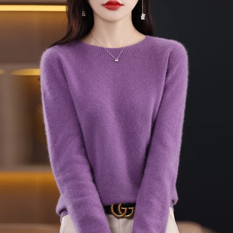 100%Pure Wool Sweater Women's Casual Knitted Pullover Autumn and Winter Soft and Warm Hot Wool Long-Sleeved Basic Round Neck Top