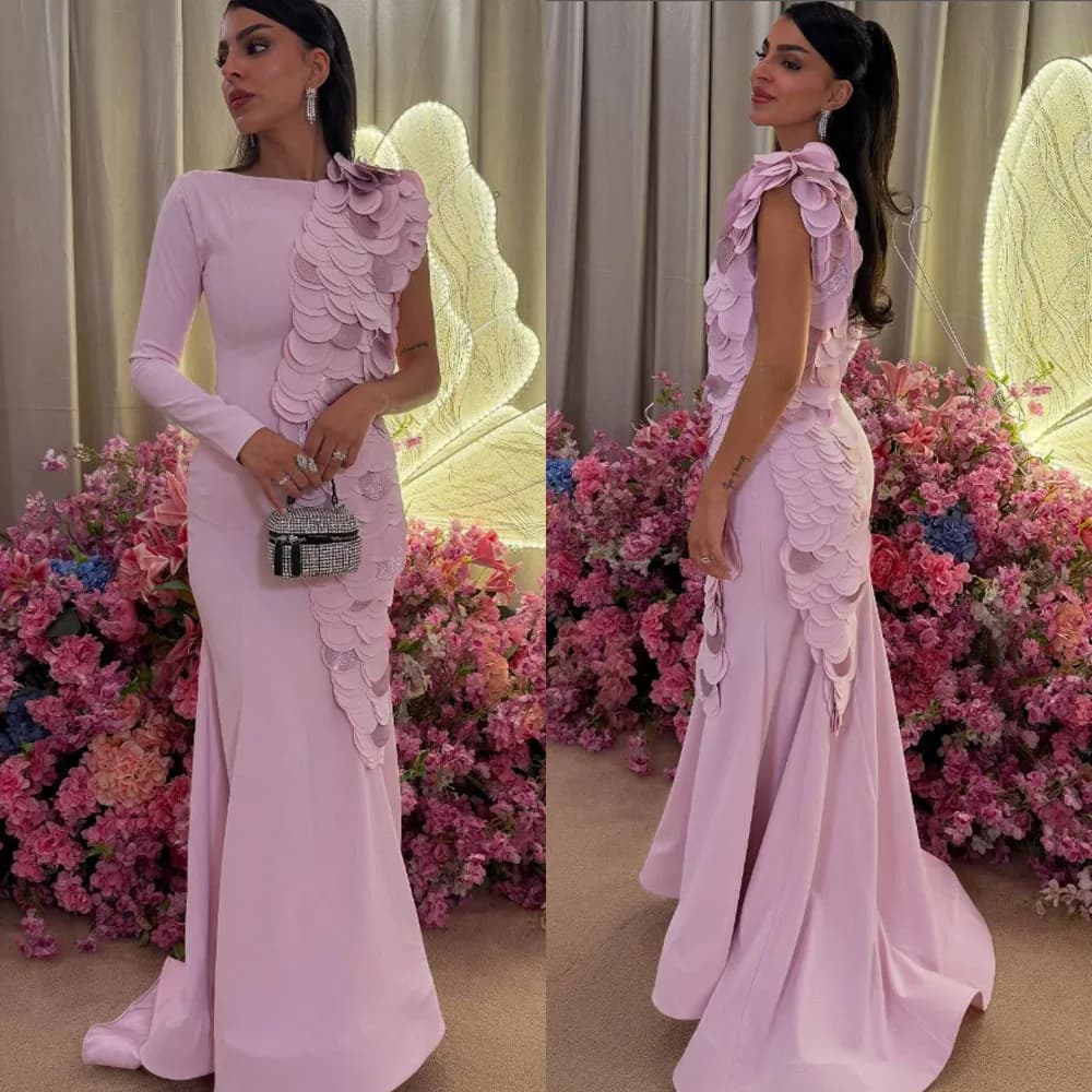 Customized High Quality One Shoulder Floor Length Sweep Train Pink Wrinkle High Collar  Evening Dresses Plus Size Cocktail Dress