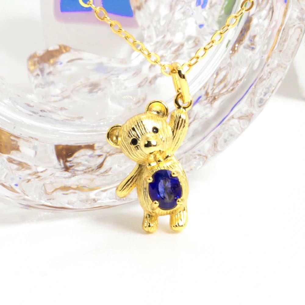 Small cute panda pendant necklace with natural heated sapphire 925 stelring silver  fine jewelry for girls nice gift