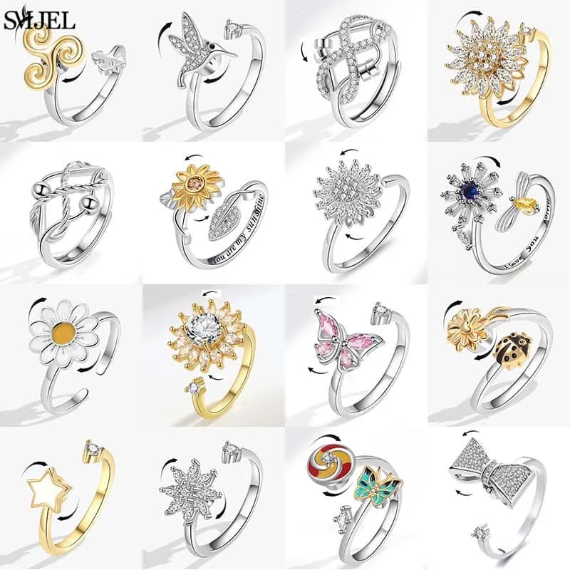 New Sunflower Anxiety Ring Fidget Spinner Rings for Women Cute Butterfly Hummingbird Charms Finger Ring Anti Stress Rotate Gifts
