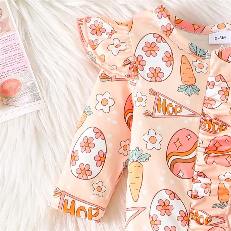 Toddler Girl Spring Floral Romper Long Sleeve O Neck Ruffle Jumpsuit with Bow Headband Set for Easter Party Outfit