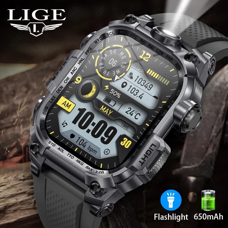 LIGE New Smart Watch Men LED Flashlight 650mAh Battery Watches 2.01'' Screen Health Monitor Bluetooth Call Waterproof Smartwatch