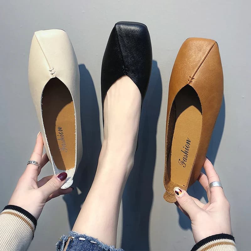 Summer and autumn new Korean version square head flat match single shoes female students shallow slip-on shoes