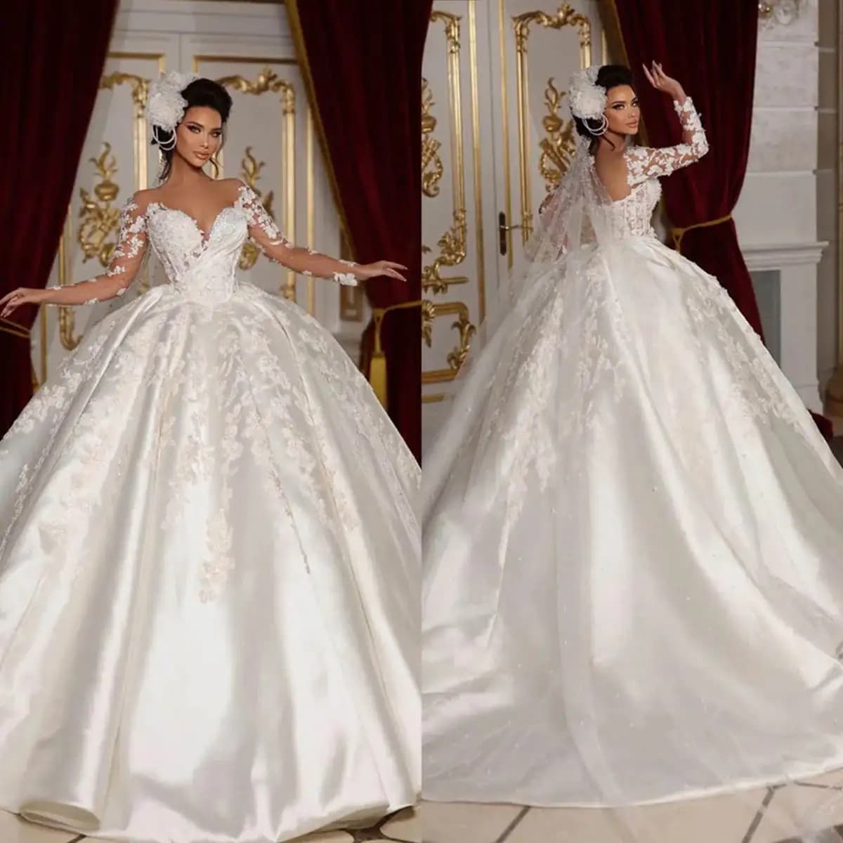 Glamorous Pearls Wedding Dresses Appliques Bride Ball Gown Lace Long Sleeve Bridal Dress Backless Custom Made Vestidos De Novia